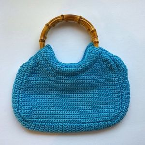 New Crochet mini bag blue wood handles.